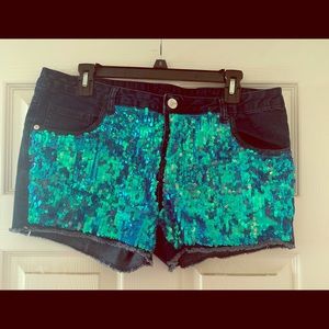Turquoise sequin denim shorts